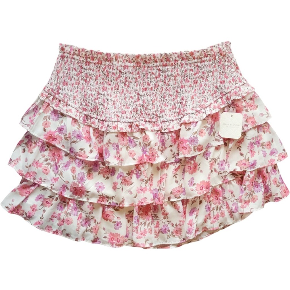 Altar'd State Floral Smocked Tiered Ruffle Mini Skirt Pink Boho Festival XXL